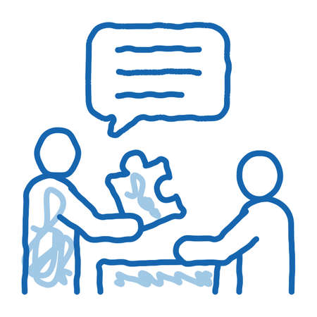 Human Giving Puzzle Piece sketch icon vector. Hand drawn blue doodle line art Businessman Explains What Lacking In Work Of Employee sign. isolated symbol illustrationのイラスト素材