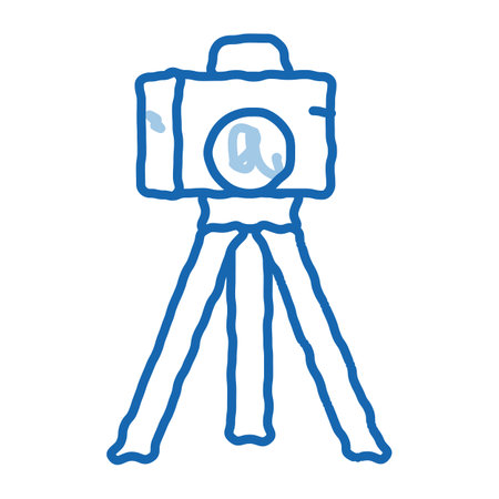 video camera with tripod sketch icon vector. Hand drawn blue doodle line art video camera with tripod sign. isolated symbol illustrationのイラスト素材