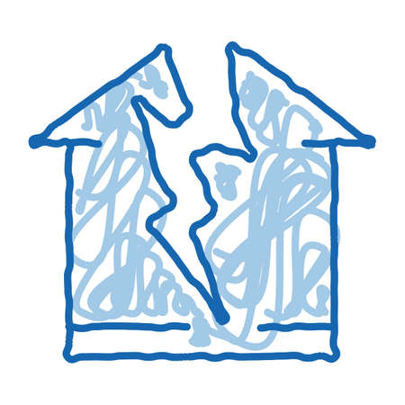 lightning destroyed house sketch icon vector. Hand drawn blue doodle line art lightning destroyed house sign. isolated symbol illustrationのイラスト素材