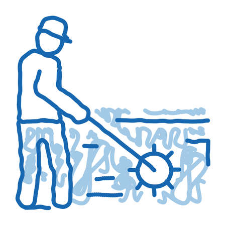 garden worker with tool sketch icon vector. Hand drawn blue doodle line art garden worker with tool sign. isolated symbol illustrationのイラスト素材
