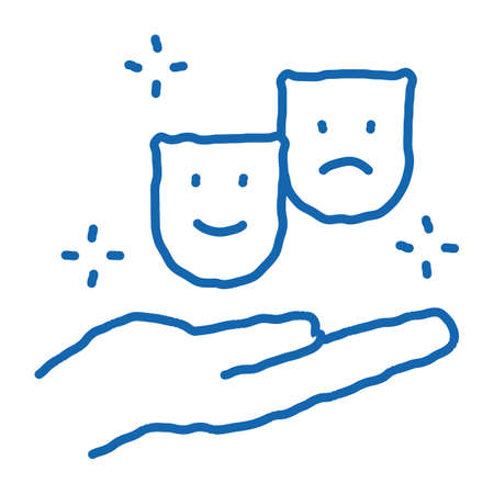 masks of joy and sadness on hand sketch icon vector. Hand drawn blue doodle line art masks of joy and sadness on hand sign. isolated symbol illustrationのイラスト素材