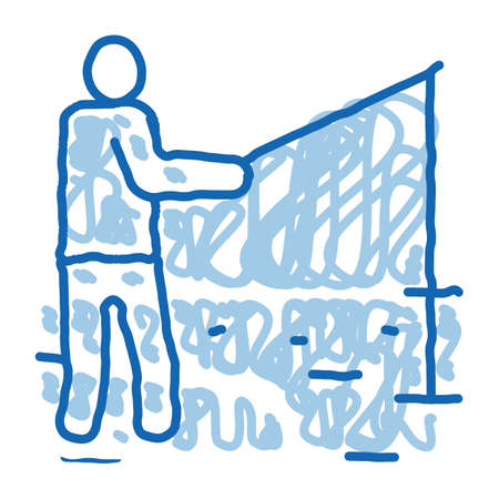 fisherman fishing sketch icon vector. Hand drawn blue doodle line art fisherman fishing sign. isolated symbol illustrationのイラスト素材