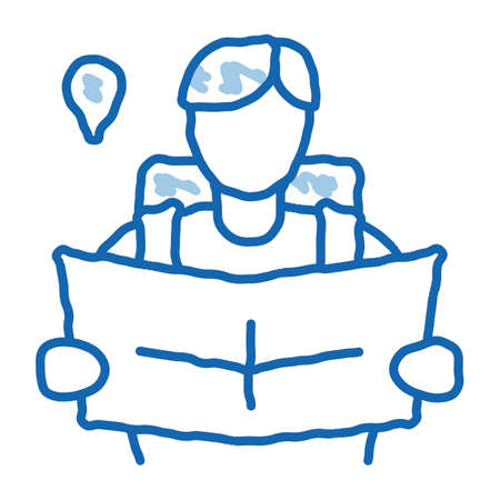 tourist reading map sketch icon vector. Hand drawn blue doodle line art tourist reading map sign. isolated symbol illustrationのイラスト素材