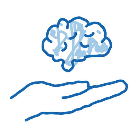 hand hold brain sketch icon vector. Hand drawn blue doodle line art hand hold brain sign. isolated symbol illustrationのイラスト素材