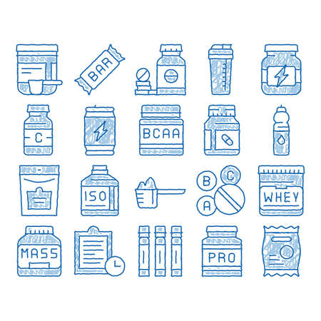 Sport Nutrition Cells sketch icon vector. Hand drawn blue doodle line art Sport Nutrition for Sportsmen Pictograms. Dietary Nutrition, Protein Ingredients, Wheys, Bars for Bodybuilding Illustrationsのイラスト素材