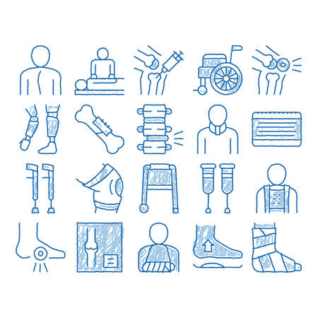 Orthopedic Elements sketch icon vector. Hand drawn blue doodle line art Orthopedic And Trauma Rehabilitation, Cervical Collar And Walkers Concept Pictograms. Medical Rehab Goods Illustrationsのイラスト素材