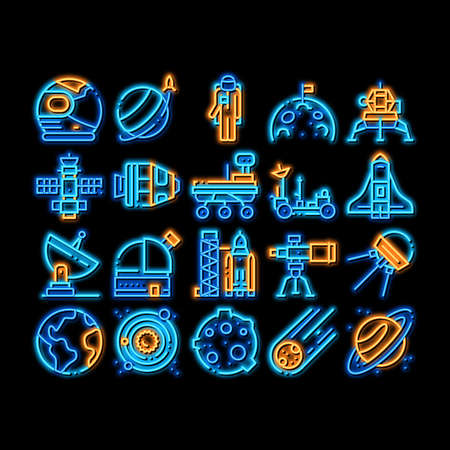 Astronaut Equipment neon light sign vector. Glowing bright icon Astronaut Spacesuit And Helmet, Shuttle And Satellite, Rocket And Asteroid Illustrationsのイラスト素材
