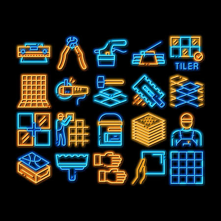 Tiler Work Equipment neon light sign vector. Glowing bright icon Tiler Rectangular Notched Trowel And Electrical Tile Cutter, Level Tool And Grinder Illustrationsのイラスト素材