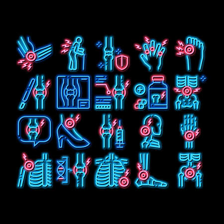 Arthritis Disease neon light sign vector. Glowing bright icon Arthritis Symptoms And Treatments, Pain In Joints And Back, Neck And Knee, Fingers And Ribs Illustrationsのイラスト素材