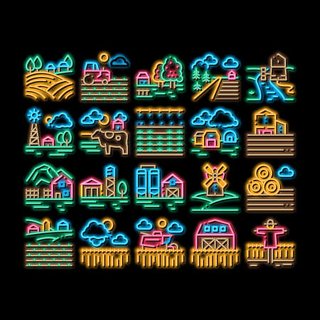 Farming Landscape neon light sign vector. Glowing bright icon Farming Field And Barn Construction, Mill And Scarecrow, Tractor And Cow Farm Animal Illustrationsのイラスト素材