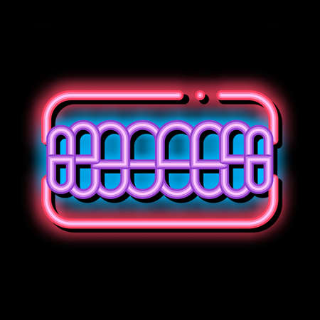 Set Of False Teeth Stomatology neon light sign vector. Glowing bright icon transparent symbol illustrationのイラスト素材
