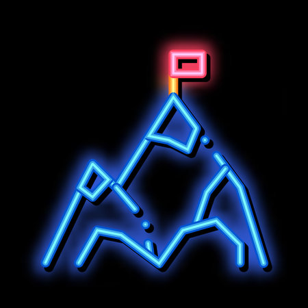 Mountain With Flag On Peak Alpinism neon light sign vector. Glowing bright icon transparent symbol illustrationのイラスト素材