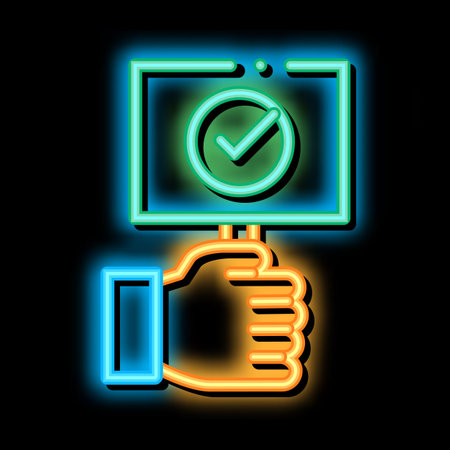 Hand Holding Tablet With Approved Mark neon light sign vector. Glowing bright icon transparent symbol illustrationのイラスト素材