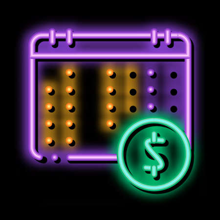 Financial Calendar And Dollar Coin neon light sign vector. Glowing bright icon transparent symbol illustrationのイラスト素材