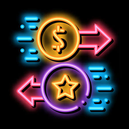 Exchange Bonuses for Money neon light sign vector. Glowing bright icon Exchange Bonuses for Money sign. transparent symbol illustrationのイラスト素材