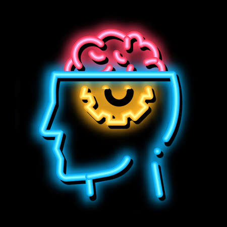 Human Brain Gear neon light sign vector. Glowing bright icon Human Brain Gear sign. transparent...