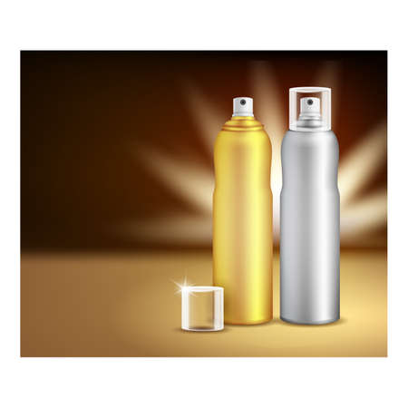 Hairspray Sprayer Creative Promotion Poster Vector. Hairspray Blank Bottles And Cap On Advertising Banner. Protection, Fixation And Shine Haircare Liquid Style Concept Template Illustrationのイラスト素材