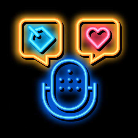 Microphone Label neon light sign vector. Glowing bright icon Microphone Label sign. transparent symbol illustrationのイラスト素材