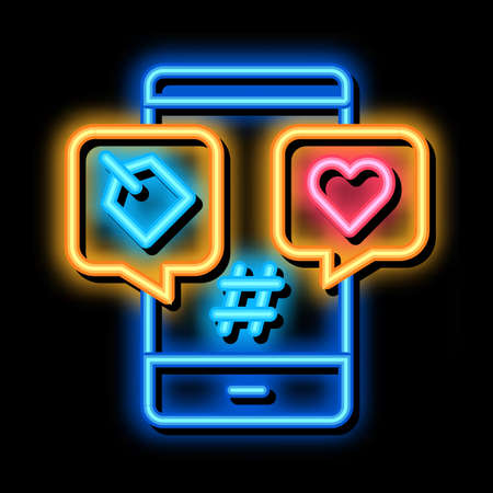 Phone Heart Label neon light sign vector. Glowing bright icon Phone Heart Label sign. transparent symbol illustrationのイラスト素材