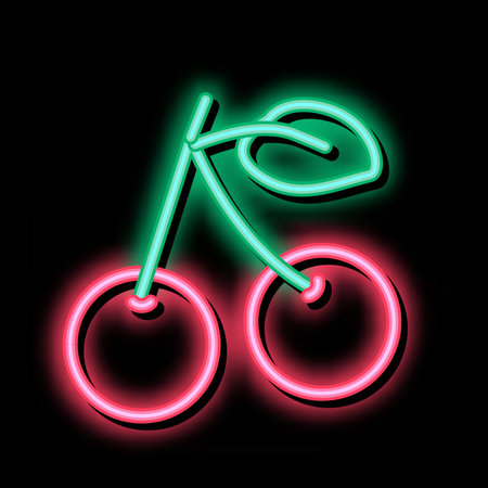 Cherry Fruit Leaf neon light sign vector. Glowing bright icon Cherry Fruit Leaf sign. transparent symbol illustrationのイラスト素材