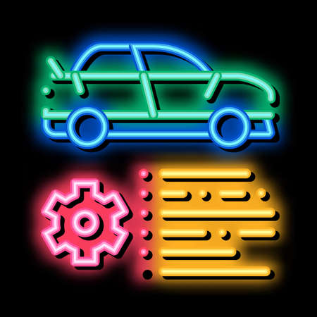 Car Feature Gear neon light sign vector. Glowing bright icon Car Feature Gear isometric sign. transparent symbol illustrationのイラスト素材
