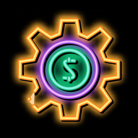 Gear Dollar Coin neon light sign vector. Glowing bright icon Gear Dollar Coin isometric sign. transparent symbol illustrationのイラスト素材