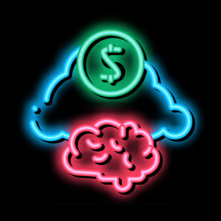 Brain Cloud Money neon light sign vector. Glowing bright icon Brain Cloud Money isometric sign. transparent symbol illustrationのイラスト素材