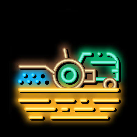Tractor On Field neon light sign vector. Glowing bright icon Tractor On Field isometric sign. transparent symbol illustrationのイラスト素材