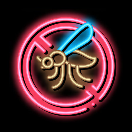 Crossed Mosquito neon light sign vector. Glowing bright icon Crossed Mosquito isometric sign. transparent symbol illustrationのイラスト素材