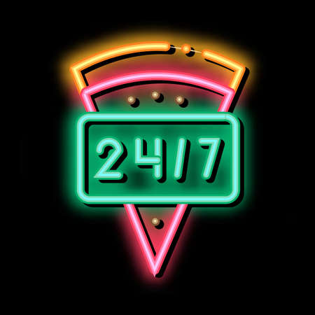 Round Clock Pizza neon light sign vector. Glowing bright icon Round Clock Pizza isometric sign. transparent symbol illustrationのイラスト素材