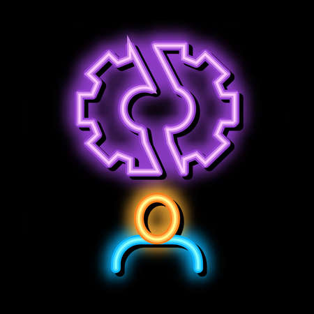 Broken Gear Man neon light sign vector. Glowing bright icon Broken Gear Man isometric sign. transparent symbol illustrationのイラスト素材