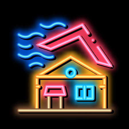 Roof Tear Down neon light sign vector. Glowing bright icon Roof Tear Down isometric sign. transparent symbol illustrationのイラスト素材