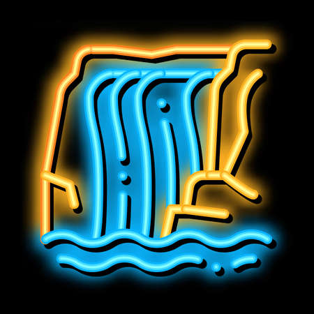 Waterfall in Mountains neon light sign vector. Glowing bright icon Waterfall in Mountains sign. transparent symbol illustrationのイラスト素材