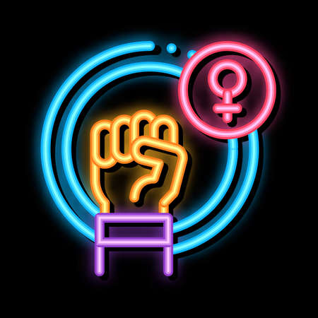 Fist Female Mark neon light sign vector. Glowing bright icon Fist Female Mark sign. transparent symbol illustrationのイラスト素材