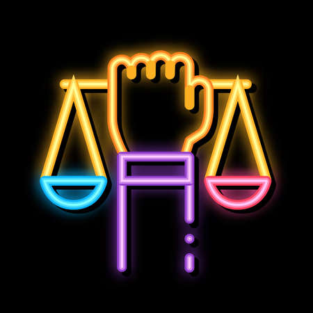 Hand Hold Scales neon light sign vector. Glowing bright icon Hand Hold Scales sign. transparent symbol illustrationのイラスト素材