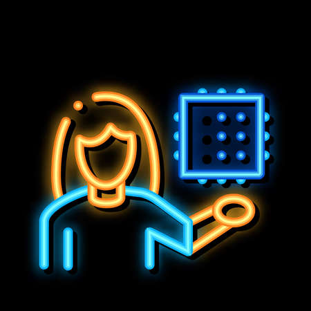 Woman Hold Chip neon light sign vector. Glowing bright icon Woman Hold Chip sign. transparent symbol illustrationのイラスト素材