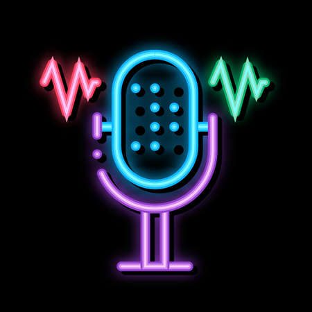 Microphone Waves neon light sign vector. Glowing bright icon Microphone Waves sign. transparent symbol illustrationのイラスト素材