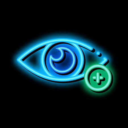 Farsightedness And Hyperopia neon light sign vector. Glowing bright icon Farsightedness Eye With Plus Mark Concept Linear Pictogram. Vision Problem sign. transparent symbol illustrationのイラスト素材