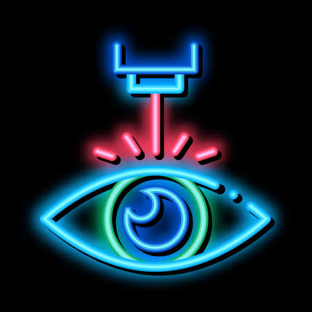 Eye Laser Correction Device neon light sign vector. Glowing bright icon Medicine Clinic Optometry Ray For Correct Eye Vision sign. transparent symbol illustrationのイラスト素材
