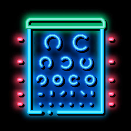 Eyes Ophthalmic Test Chart neon light sign vector. Glowing bright icon Medical Visual Examination Test Concept Linear Pictogram. Eyesight Measuring Exam sign. transparent symbol illustrationのイラスト素材