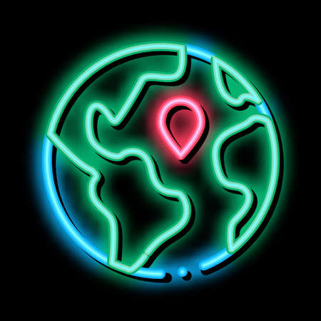 Earth Planet Topography neon light sign vector. Glowing bright icon Planet Globe, Sphere With Continents And Ocean, Geography Mockup sign. transparent symbol illustrationのイラスト素材