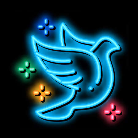 Flying Pigeon Bird Sparkling neon light sign vector. Glowing bright icon Fly Dove Bird Silhouette With Glistering Stars, Peace Symbol sign. transparent symbol illustrationのイラスト素材