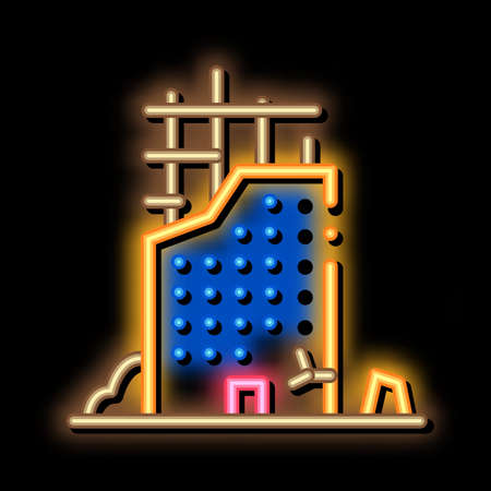 Ruined Building neon light sign vector. Glowing bright icon Ruined Building sign. transparent symbol illustrationのイラスト素材
