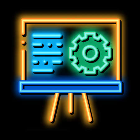 Presentation Gear neon light sign vector. Glowing bright icon Presentation Gear sign. transparent symbol illustrationのイラスト素材