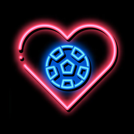 Football in Heart neon light sign vector. Glowing bright icon Football in Heart Sign. transparent symbol illustrationのイラスト素材