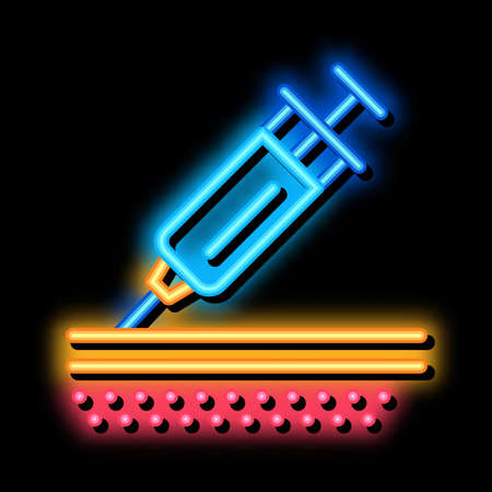 injection of syringe under skin neon light sign vector. Glowing bright icon injection of syringe under skin sign. transparent symbol illustrationのイラスト素材
