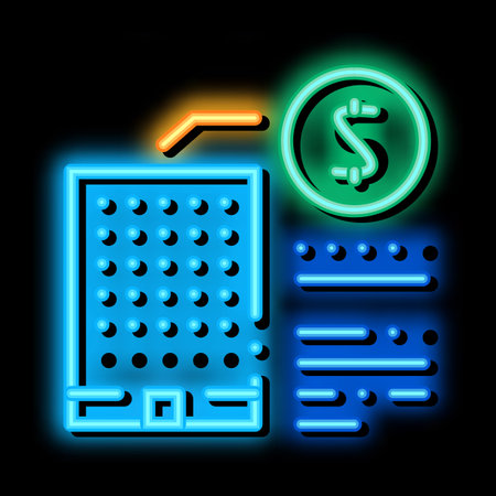 building cost neon light sign vector. Glowing bright icon building cost sign. transparent symbol illustrationのイラスト素材