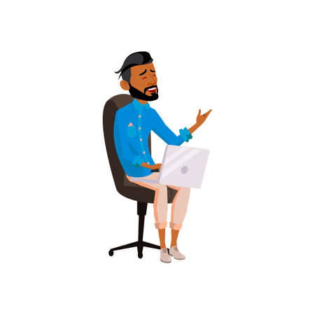 youth hispanic guy laughing from comedy film on laptop device cartoon vector. youth hispanic guy laughing from comedy film on laptop device character. isolated flat cartoon illustrationのイラスト素材