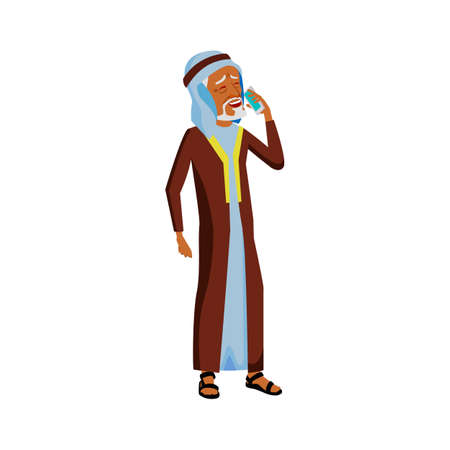 happy islamic grandfather talk with daughter on cellphone cartoon vector. happy islamic grandfather talk with daughter on cellphone character. isolated flat cartoon illustrationのイラスト素材