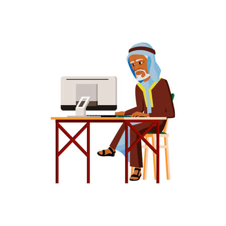 serious old man ceo chatting with employee on computer cartoon vector. serious old man ceo chatting with employee on computer character. isolated flat cartoon illustrationのイラスト素材
